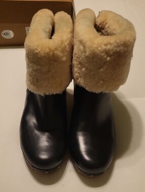 UGG Black Leather Ankle Boots with Cream Shearling Cuff
